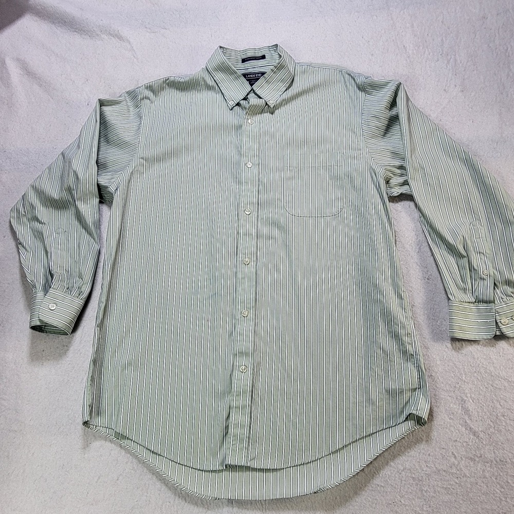 Lands End No Iron Supima Pinpoint Shirt‎ Mens 16.5 33 Green Stripe Cotton